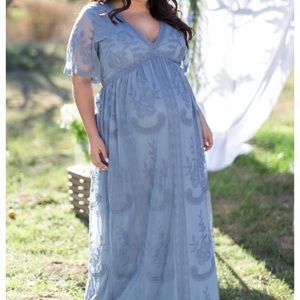 Blue Lace Mesh Overlay Plus Maternity Maxi Dress